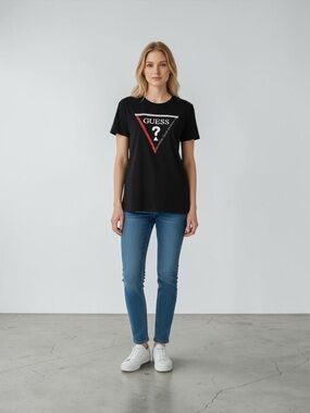 GUESS, Black Logo Triangle T-Shirt Women, Medium, Cotton Graphic Tee